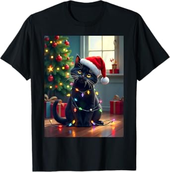 Black Cat in Santa Hat with Holiday Glow Christmas Men Women Kids T-Shirt
