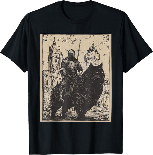 Knight Cat Rider Vintage 90s Medieval Knight Riding Cat T-Shirt