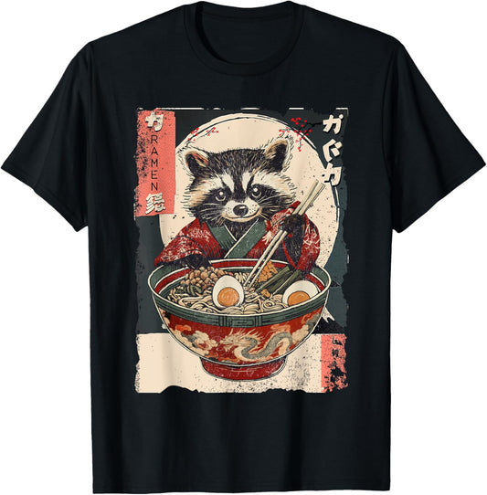 Retro Funny Racoon Eating Ramen Japanese Cat Meme Animals T-Shirt