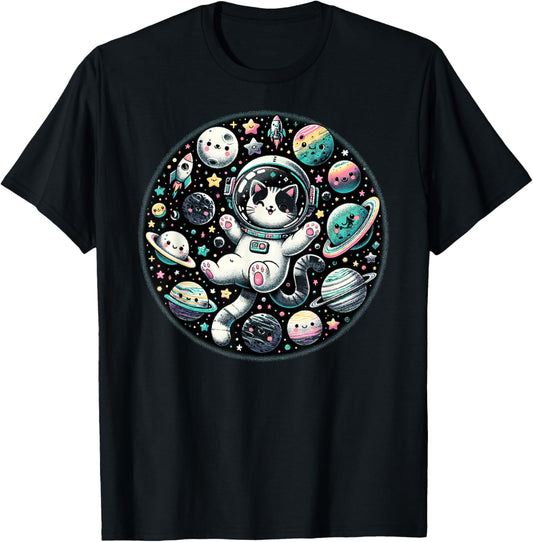 Playful Astronaut Cat in Space T-Shirt