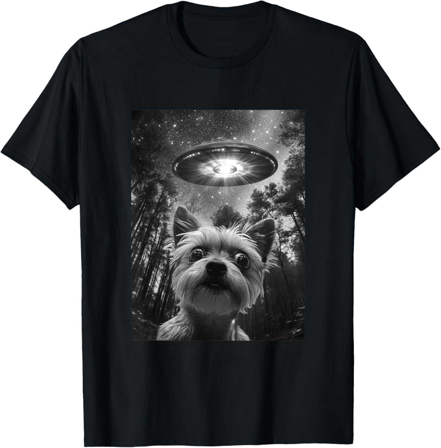 Surprised Yorkie Selfie With Alien UFO, funny dog T-Shirt