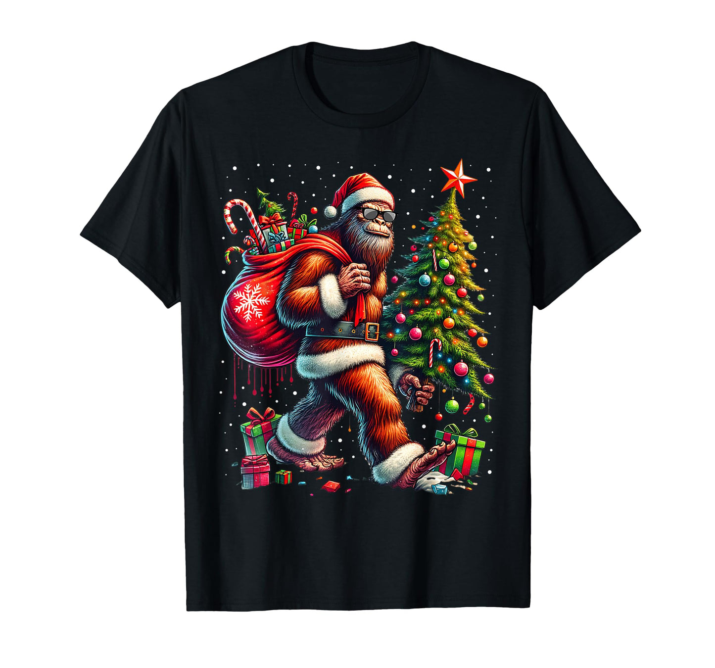 Santa Bigfoot Christmas Tree Xmas Lights Funny Sasquatch T-Shirt