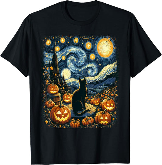 Halloween Van Gogh Starry Night Black Cat Pumpkins T-Shirt