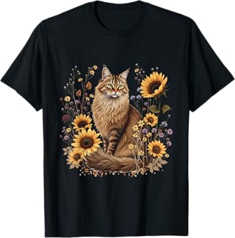 Rustic Maine Coon Cat with Sunflowers Floral Feline Art T-Shirt