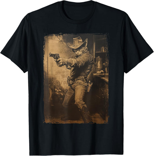 Vintage Cowboy Cat with Revolver Gunslinger Wild West Outlaw T-Shirt