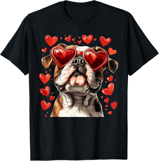 Bulldog Heart Glasses Cute Bulldog Valentine’s Day Dog Lover T-Shirt