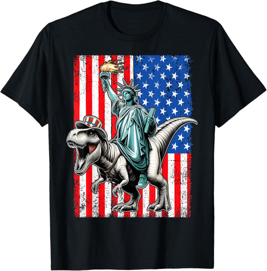 Dino Statue Of Liberty 4th Of July Shirt Men American Flag T-Shirt