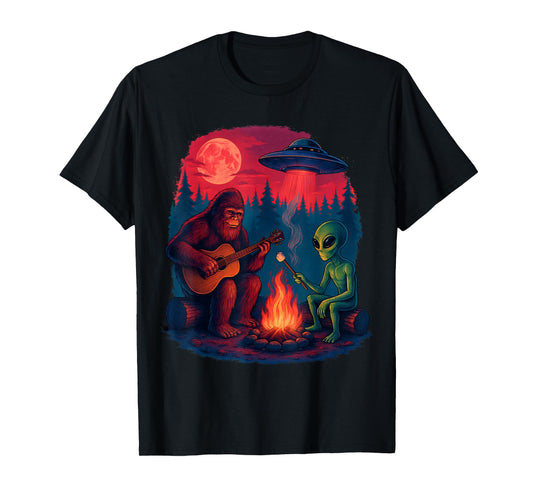 Alien Bigfoot Campfire Moon UFO Sasquatch Adventure Hiking T-Shirt