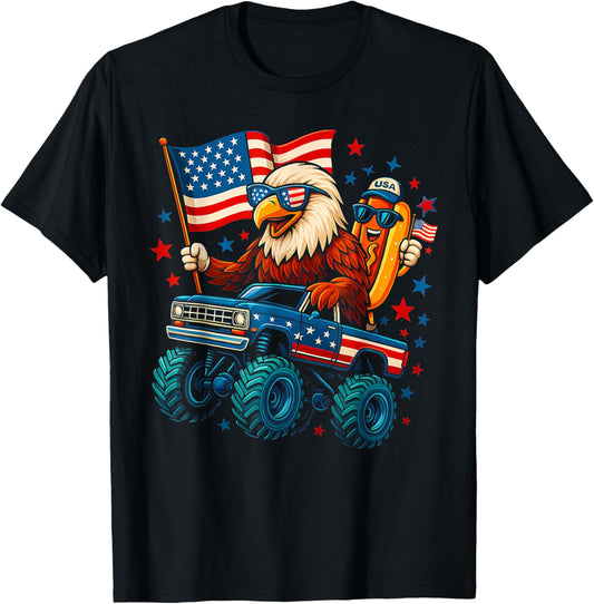 4th of July Eagle Hotdog Monster Truck USA Flag Boys Kids T-Shirt