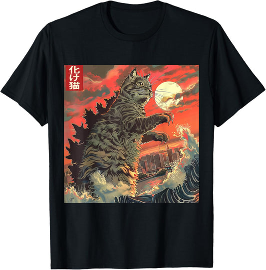 Catzilla Attacking Japan Funny Cute Cat Anime Style T-Shirt