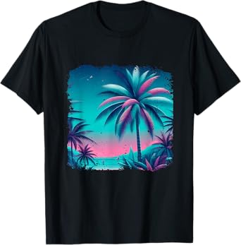 Palm a Trees Tropical Teal Turquoise Purple Beach Vacation T-Shirt