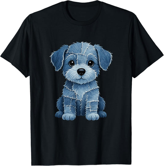 Retro Funny Denim Patch Animal Dog Print T-Shirt