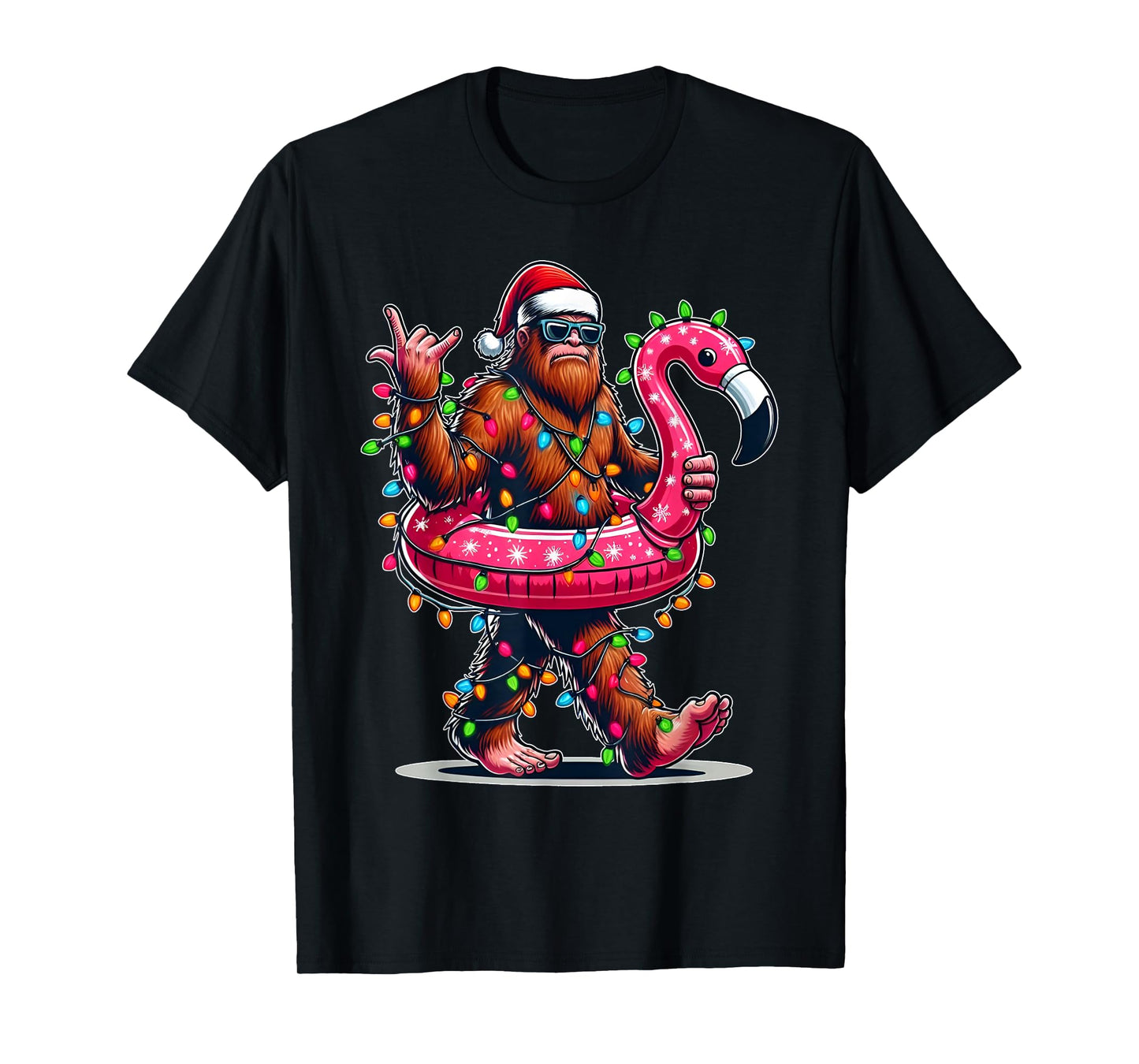 Santa Bigfoot Flamingo Christmas Light Funny Rock Sasquatch T-Shirt