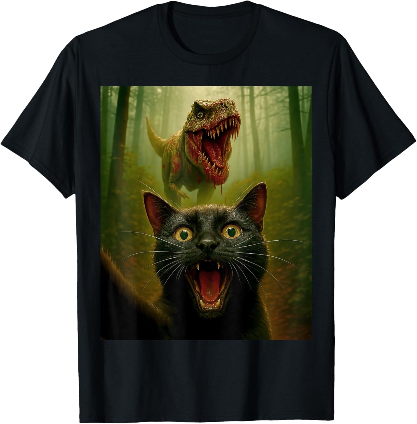 Funny Cat Selfie with Zombie T-Rex Dinosaur Halloween Day T-Shirt