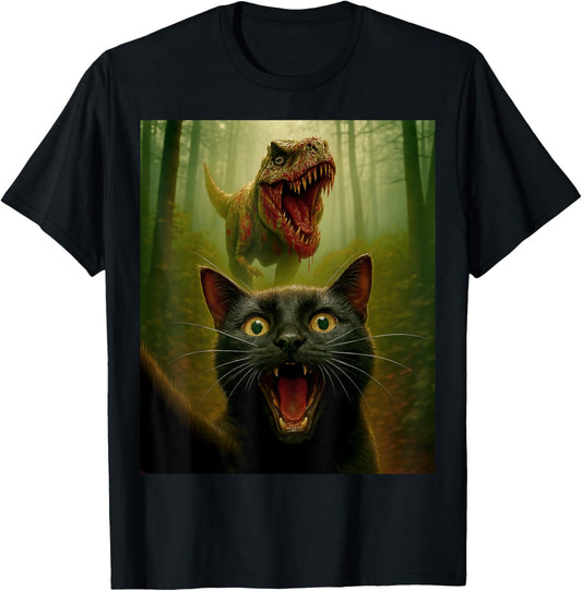 Funny Cat Selfie with Zombie T-Rex Dinosaur Halloween Day T-Shirt