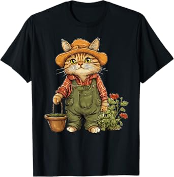 Cat Dressed As A Gardener Funny Cat Lover Gardening T-Shirt
