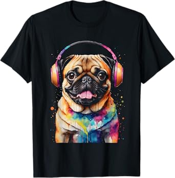 Pug Headphones Dog Colorful Funny Animal Art Print Graphic Men Women Kids T-Shirt