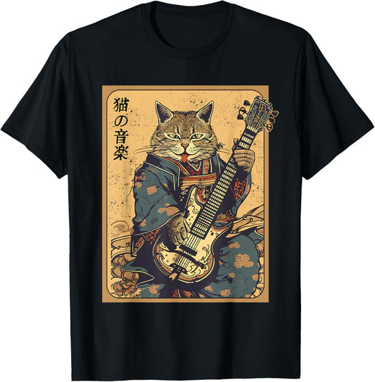 Japanese Samurai Cat Playing The Electric Guitar, Men, Women T-Shirt