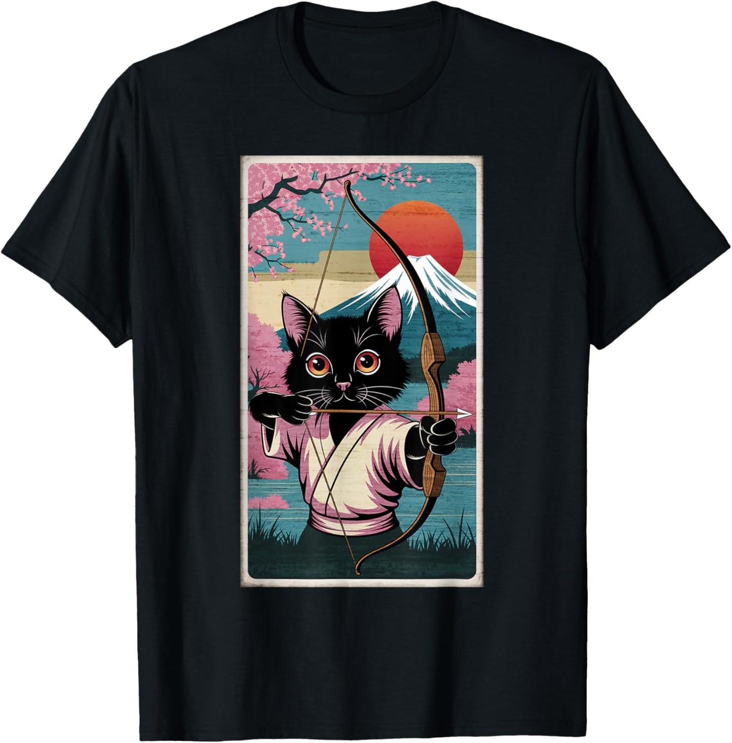 Cat Samurai Vintage Japanese Woodblock Archer Kitten Archery T-Shirt