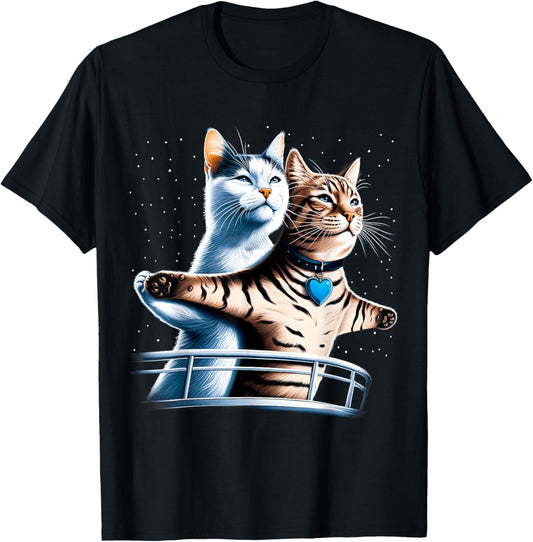 Iconic Titanic Scene with Adventurous Cats in Space Galaxy T-Shirt