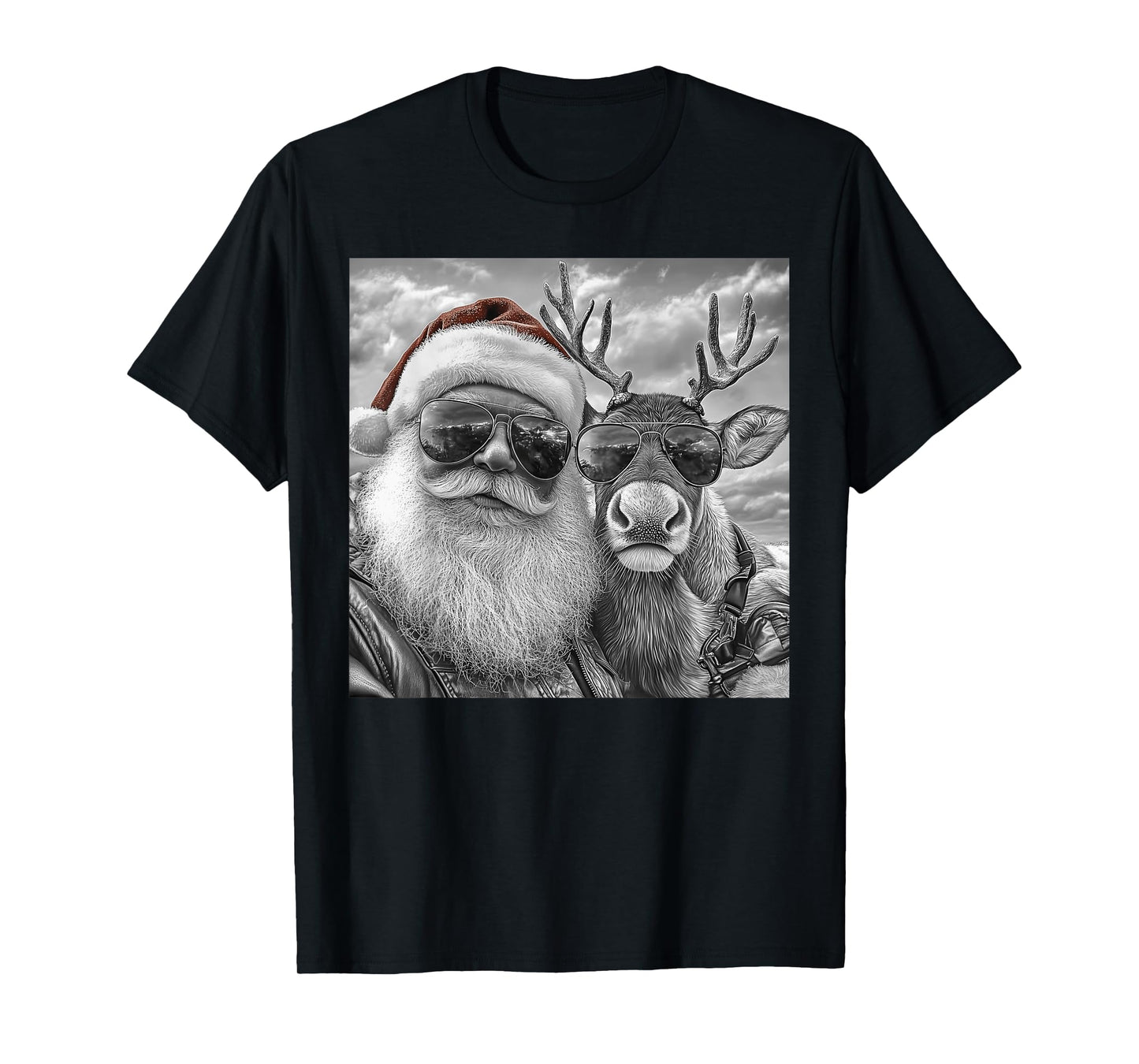 Funny Santa Claus Reindeer Selfie, Cool Retro Christmas T-Shirt