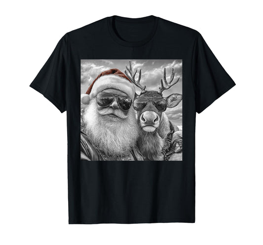 Funny Santa Claus Reindeer Selfie, Cool Retro Christmas T-Shirt