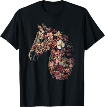 Horse Lover Gifts Floral Horse T-Shirt - Unisex Adult, Classic Fit, Black, Small, Short Sleeve