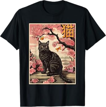 Cherry Blossom Black Cat Vintage Japanese Woodblock Art Men Women Girls Kids T-Shirt