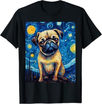 Starry Night Pug Dog Van Gogh Sky Painting Art Pug Lovers T-Shirt