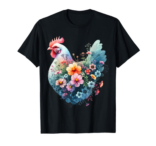 Chicken Floral Art Graphic Women Farm Chicken Lover Colorful T-Shirt