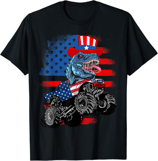 4th July T Rex Monster Truck Patriotic Dinosaur USA Flag T-Shirt