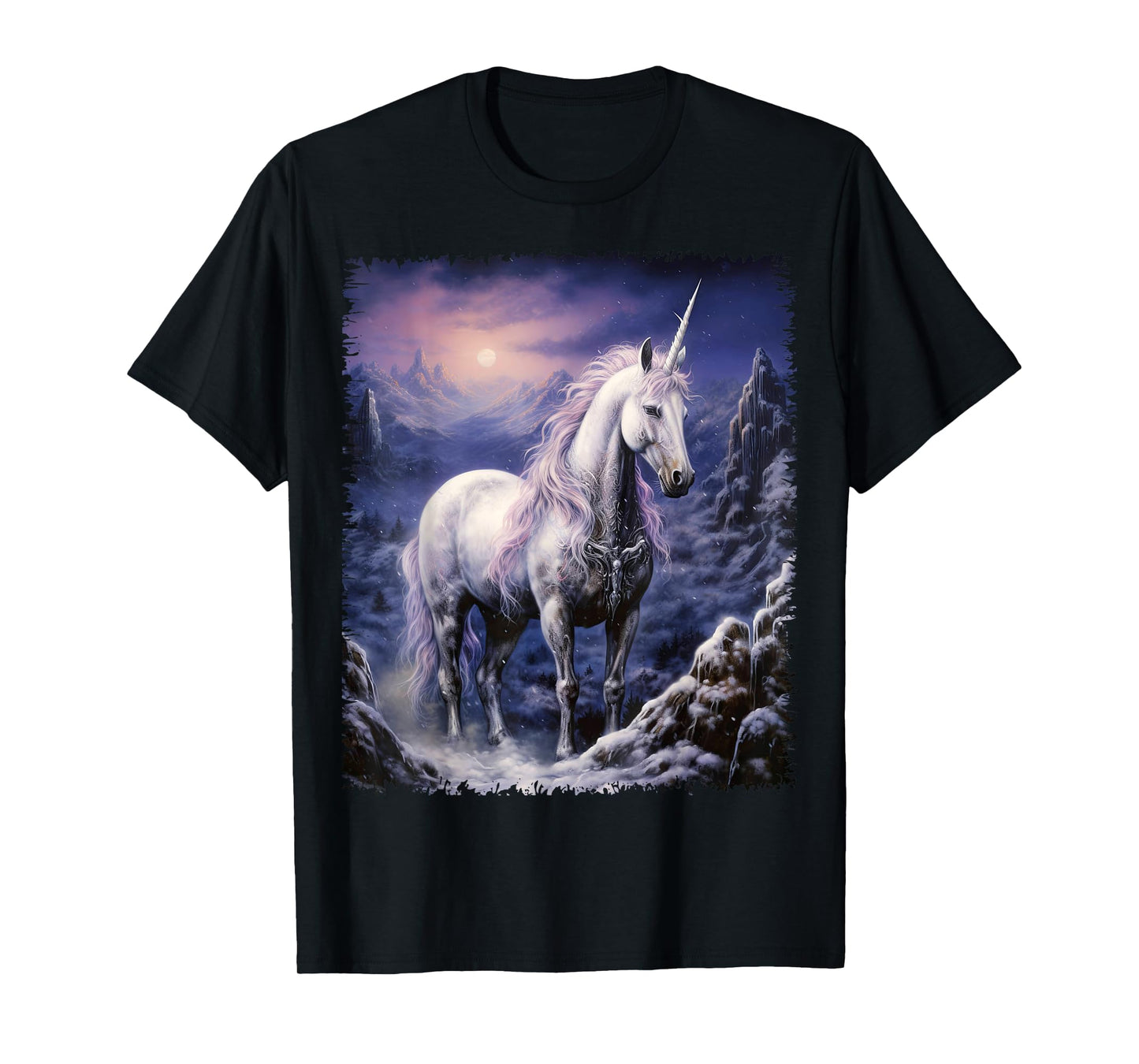 Fantasy white Unicorn standing in the snowy forest T-Shirt
