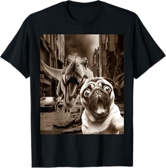 Funny Pug Selfie With T-rex Tyrannosaurus Dog Dinosaur T-Shirt for Men Women Kids