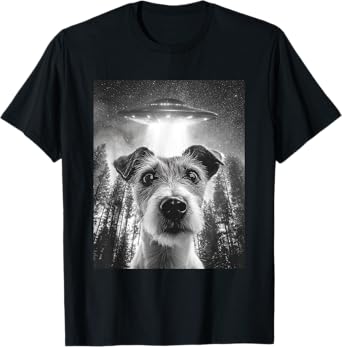 Surprised Jack Russell Terrier With Alien UFO, funny dog T-Shirt