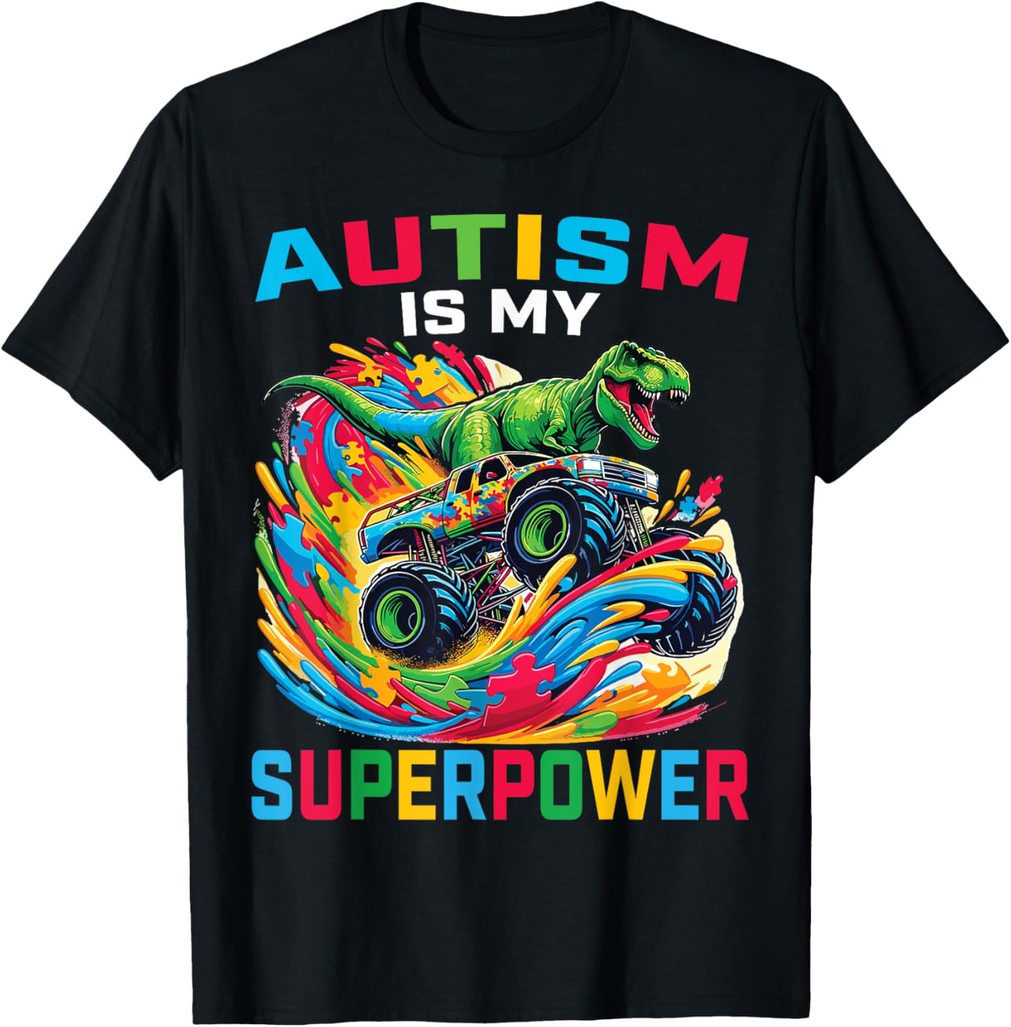 Autism Is My Superpower Dino T Rex Monster Truck Kids Boys T-Shirt