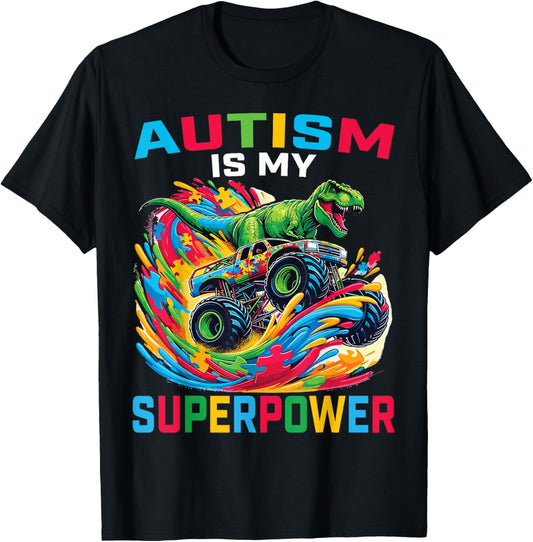 Autism Is My Superpower Dino T Rex Monster Truck Kids Boys T-Shirt