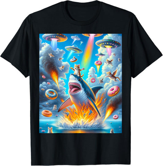 Cat Kitty Riding Fire Breathing Shark Rainbow Laser Taco T-Shirt