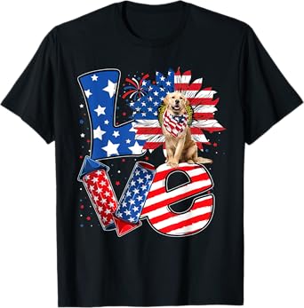 4th of July Decor Patriotic LOVE Golden Retriever Dog USA T-Shirt