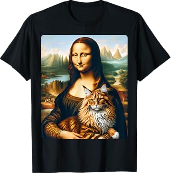 Mona Lisa's Feline Companion: Maine Coon Cat Artwork T-Shirt for Men Women Kids