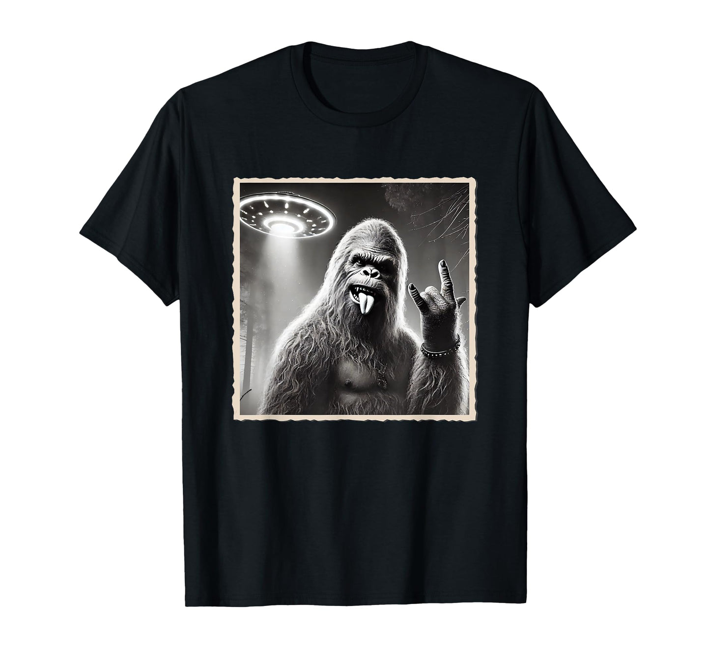 Sasquatch Selfie, Bigfoot & UFO, Rock On, Rocker, Rock Hand T-Shirt