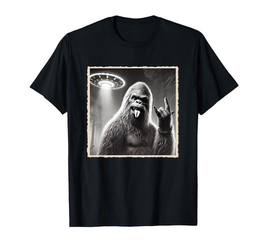 Sasquatch Selfie, Bigfoot & UFO, Rock On, Rocker, Rock Hand T-Shirt