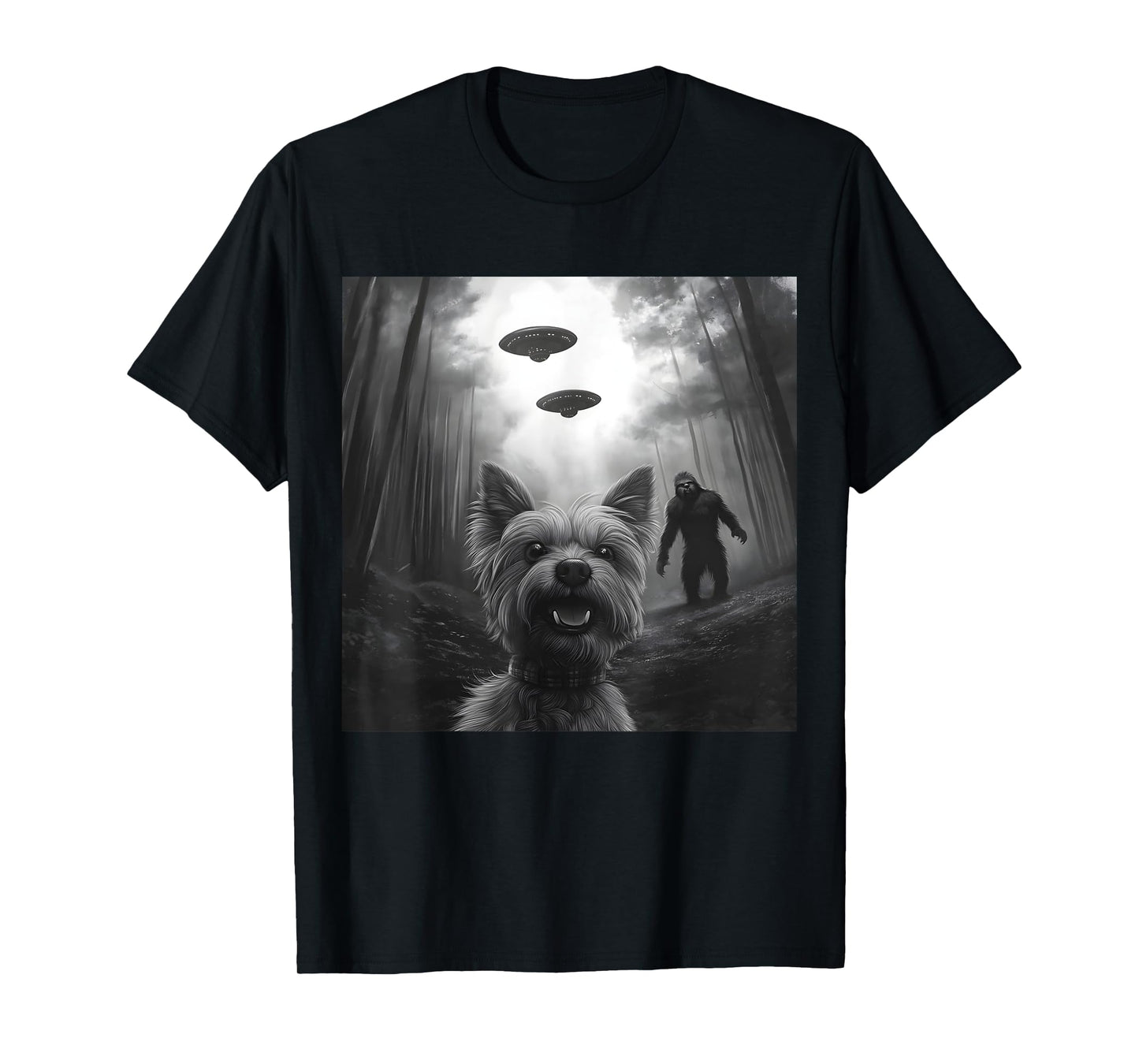 Yorkie vs. Bigfoot – Funny Yorkshire Terrier Alien Encounter T-Shirt