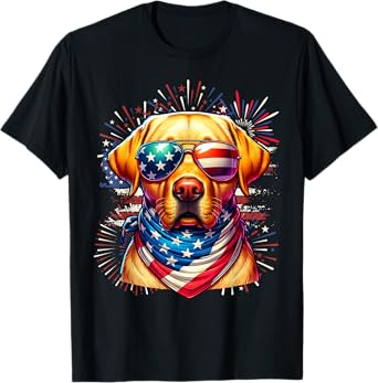 Yellow Lab Patriotic 4th of July USA Flag Fireworks Dog T-Shirt for Women Kids Men