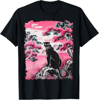 Japanese Art Style Panther Pink Black T-Shirt