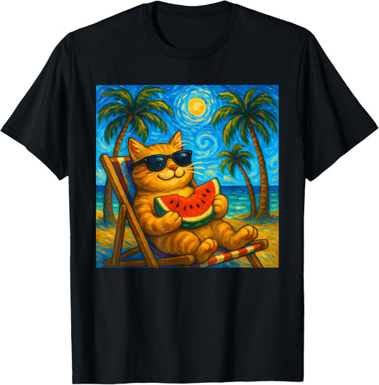Cat Eating Watermelon Van Gogh Art Funny Beach Summer T-Shirt