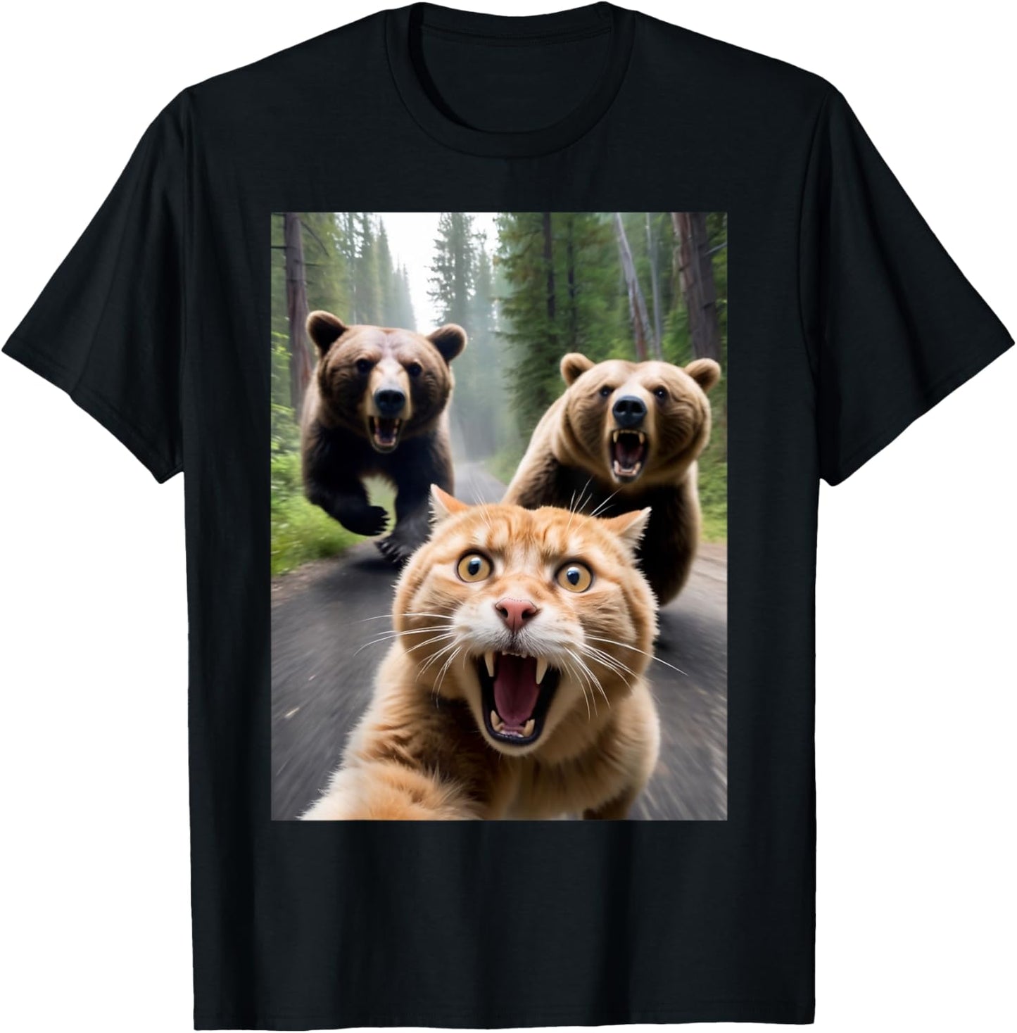 Funny Cat Bear Attack Selfie T-Shirt