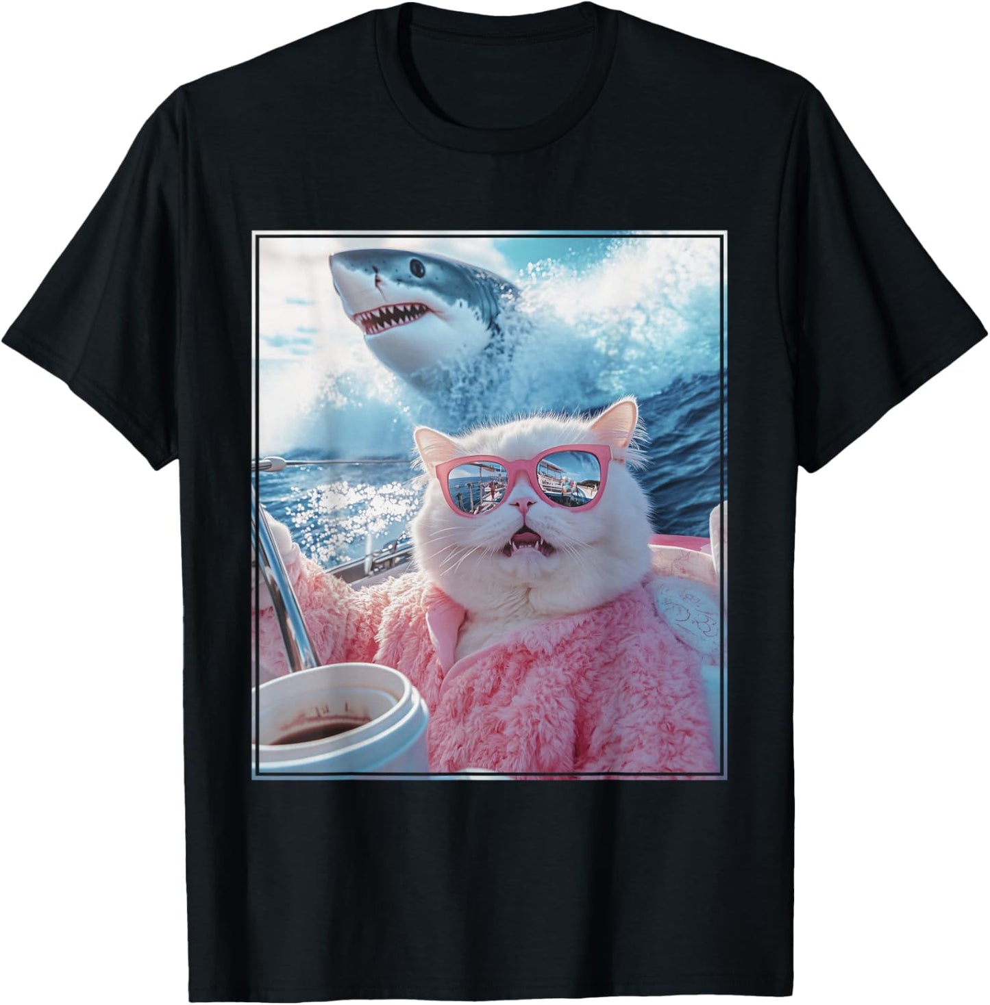 Funny Cat Shark Meme Selfie Cat on a Yacht Boat T-Shirt