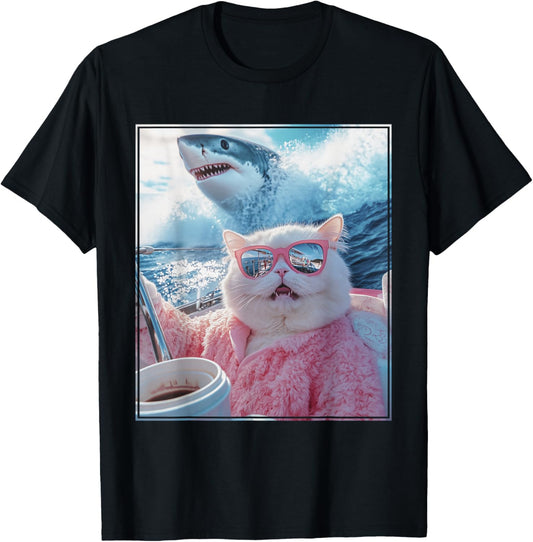 Funny Cat Shark Meme Selfie Cat on a Yacht Boat T-Shirt