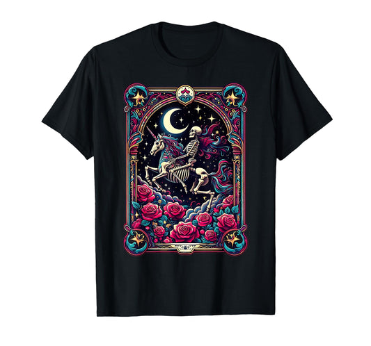 Tarot Card Skeleton Colorful Floral Unicorn Halloween T-Shirt