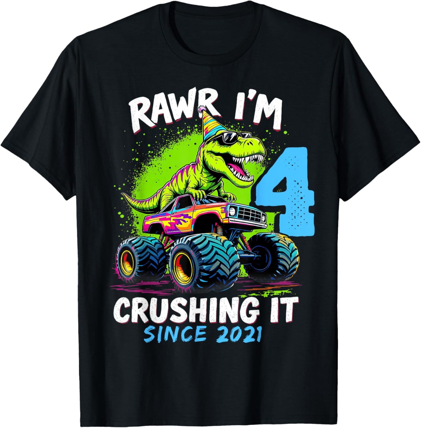 4th Birthday Monster Truck Dinosaur Party Boys Rawr I'm 4 T-Shirt